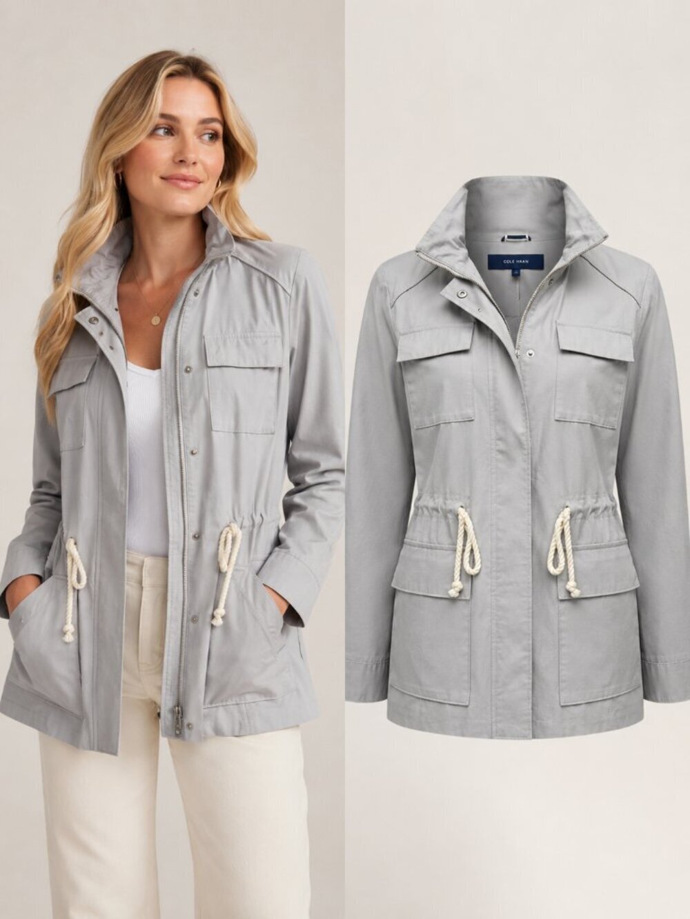 NWT Cole Haan Utility Anorak Jacket Fog Gray Drawstring Waist Small Coastal Chic
